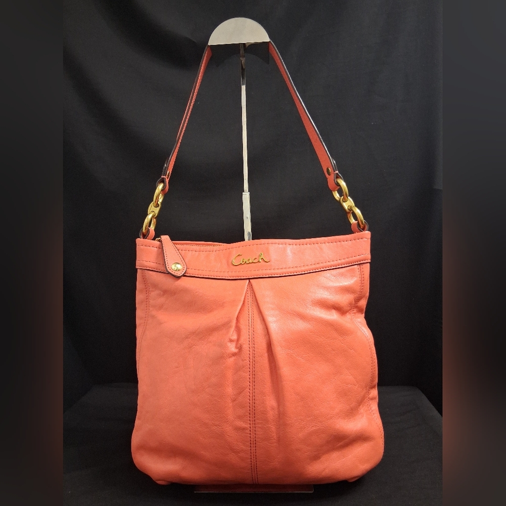 Coach Coral Color / Pleated Leather Shoulder Handbag Purse F20114